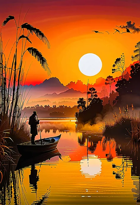 Sunset on the lake, impressionism, bright and vibrant colors, reflections, golden reed reflections, silhouettes of herons, dramatic contrast, misty atmosphere, distant hills, 19th century charm, sharp focus, gold leaf, emitting diodes, smoke, artillery, sp...