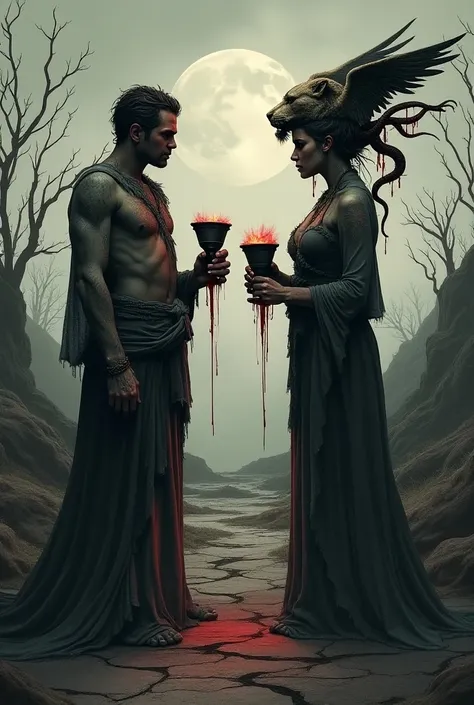 Dark, terrifying illustration of Two of cups ; ((two figures, one male and one female)), standing face to face with distrustful expressions, wearing tattered and dirty robes, ((holding two corroded and cracked cups)) from which drips a dark, murky liquid, ...