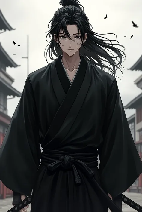 A anime boy who is samurai with black outfit and the flow hairstyle for pfp make the boy adult 