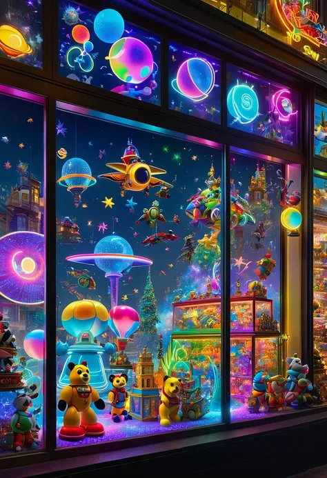 art by mooncryptowow, Interesting window display of Toy store，Creative window display，Display of several exquisite toys, Global illumination, Particle tracing, neon lights, (masterpiece, Representative work, official art, Professional, unity 8k wallpaper:1...