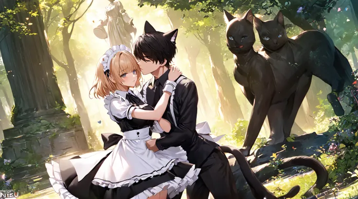 There is a man and woman standing in front of the statue,  catboy cosplay! Maid!  dress, a sexy Maid in a magical forest, change, 2b ..., 2b, nixeu and sakimichan,  cute kissing together , High Resolution Scan, High Resolution Scan, anime cat girl in a Mai...