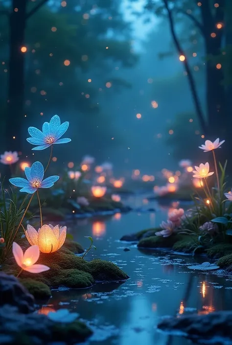 Extra details: Some of the flowers are made of clear glass ,  and the ground is covered with small lakes
of liquid water reflected by animal lights and stars in the sky.