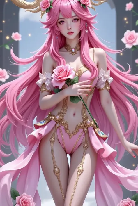 a beautiful pink-haired woman in a pink dress, flowing dress, thigh-high stockings, pink roses, elaborate headdress, holding a r...