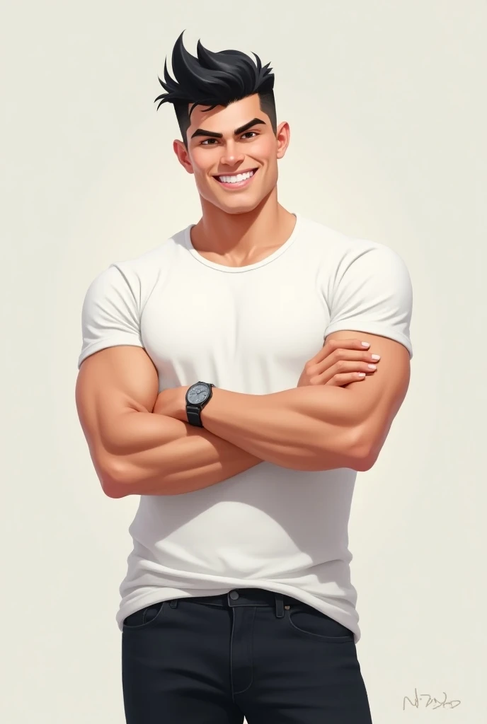 In digital illustration.  A strong fair-skinned man with black hair . He wears a white t-shirt and black pants . He is turned away, With a smile on the side.  He is with his arms crossed . 