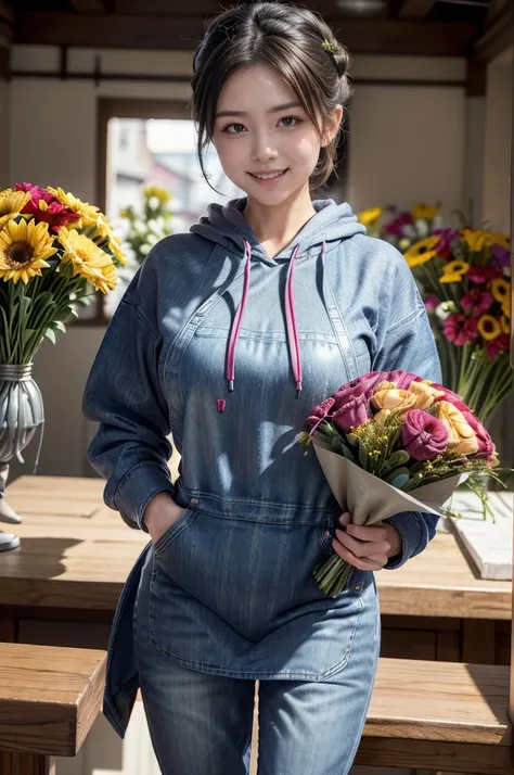 (8k, RAW photo, photorealistic, HQ, masterpiece), a cute Japanese woman, Florist clerk, (glowing eyes), 
(Smile), (low chignon:1.4), large breasts, (handing over a bouquet:1.4) , (hoody, apron, jeans:1.4), (flower shop in the city ), blurred background, de...