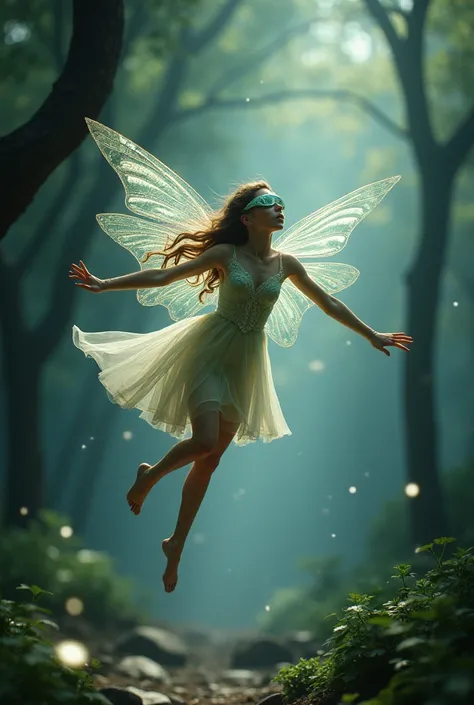 masterpiece, 1fairy, a flying fairy, perfect face, light, forest of glass trees, dramatic lighting, blindfold, ultra detailed, floating glow lights, depth of field, (glossy powder). Ultra-detailed, realistic, photorealistic Cinematic, photorealistic, reali...