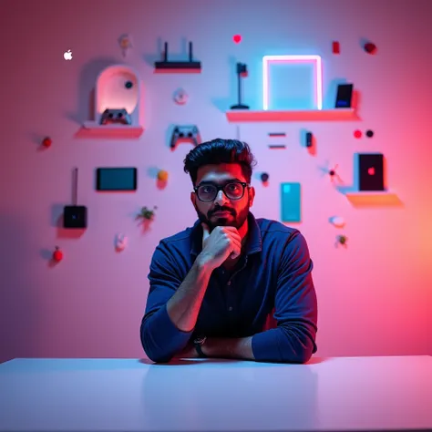 Design a YouTube thumbnail-style image featuring an Indian tech reviewer with a thoughtful expression, hand on chin, without glasses, placed on the left side. In front of the tech reviewer, add a clean, minimalistic white table. The background should have ...