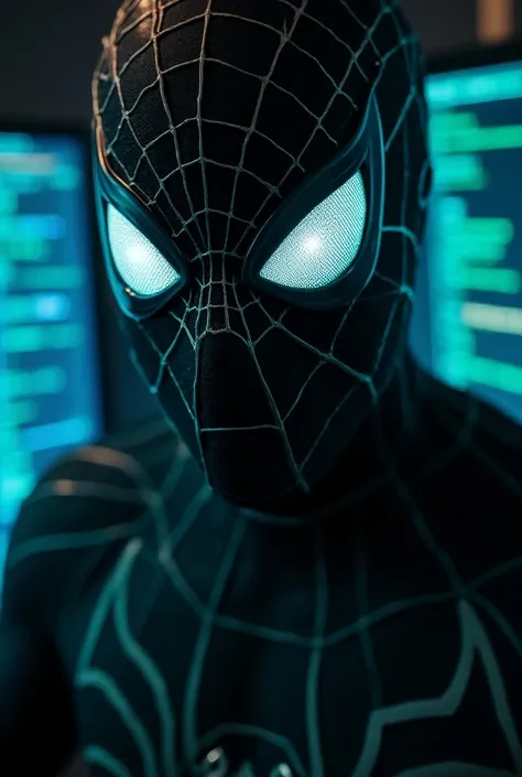 Close-up of Black Suit Spider-Man in his symbiote form, focusing on his face. The lower half of his body retains the classic Spider-Man style, while his face is covered by a hacker-style mask, giving him a mysterious, high-tech appearance. The mask has an ...