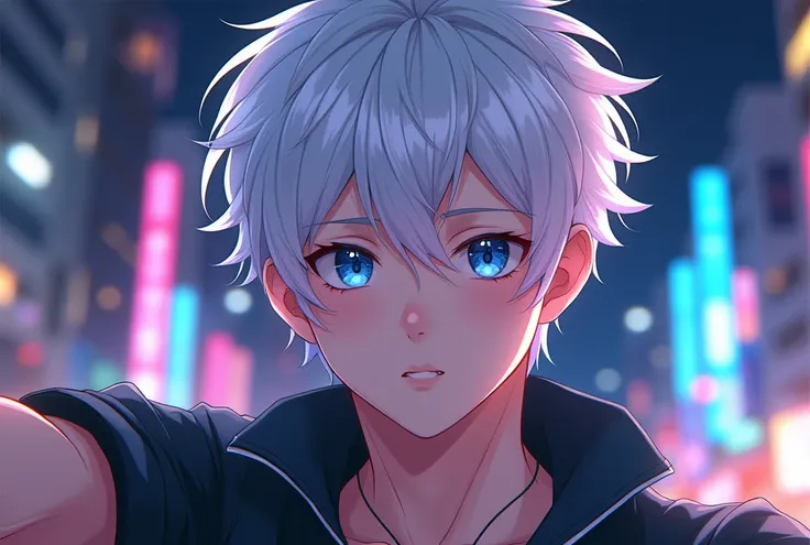 Anime of a pretty 20 year old boy with white hair and blue eyes, background city, selfie, night, background light, Brillo, tomándose foto a sí mismo