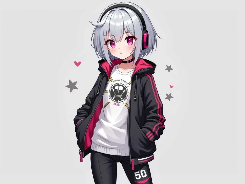 make me  cutegirl character her height is 150 with silver short hair and pink eyes that use headset ,around  18,use white shirt with the pattern ^ , use black cyberpunk jacket style , with black long pants with red  pattern ^, and white high shoe with blac...