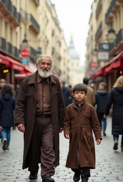 8 k, Uzbek-looking father and son walk down the streets of Paris, looking at the camera and smiling  