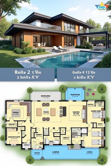  Create a plan of a house with a garage for two cars with a small garden in the front, pool in the background, with 3 bedrooms, the first bedroom being a suite 