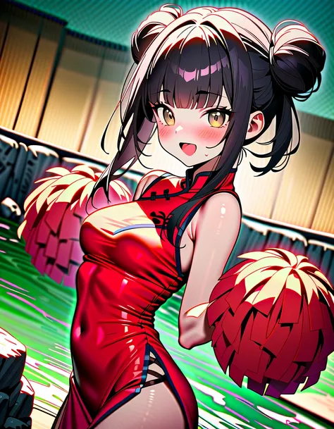 masterpiece, best quality, very aesthetic, absurdres, 8k, 16k, highres,super high resolution,1 girl,16yo,ultra-detailed face,detailed eyes,brown eyes,twin bun,black hair,blunt bangs,mascara,busty,(china dress,cheerleader:1.2),navel,holding pompoms in both ...