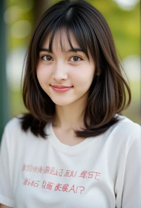 Close-up shot of a young Thai woman in a classic 1980s style, exuding a natural and vintage charm. She is wearing a casual, slightly oversized white t-shirt with printed text, capturing the laid-back fashion of the era. Her short, wavy hair frames her face...