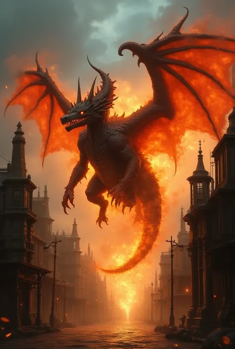 Description:  A giant dragon made entirely of lava and fire ,  with wings of smoke and eyes
bright ,  flying over a steampunk city full of gears , steam and old machinery .  The
Sparks from their fire illuminate streets and metal buildings ,  while the sky...