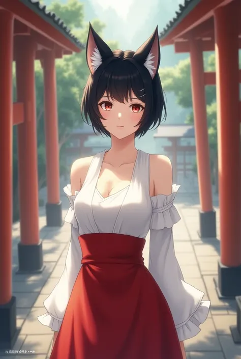  cat statue, beautiful girl , black hair , Short hair ,Fox ears,  no tail , top, white bottom, red lady dress skirt,Japan too,shrine,  animations,Expressionless, 상의 오프숄더 아님, The sleeve is not off-shoulder on Kim 