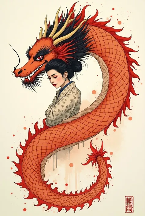 {{{{{illustration}}}}}, Yuko Shimizus work ,looking at vliewer ,1 woman,Chinese dragon,Chinese girl, women, {{ ink painting }},{{Ink splash}},{{ color }},{{{ gorgeous}}},{{sketch}}, masterpiece, Top Quality , Focus on beautifully drawn , high quality detai...