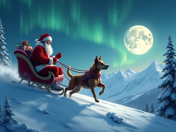 Christmas style, mr.  Jack dressed in the costume of Santa Claus with his dog on a sleigh flying through the sky in the icy mountains with snow, pins; And the big full Moon in the background with Northern Lights in the distance . High resolution, 