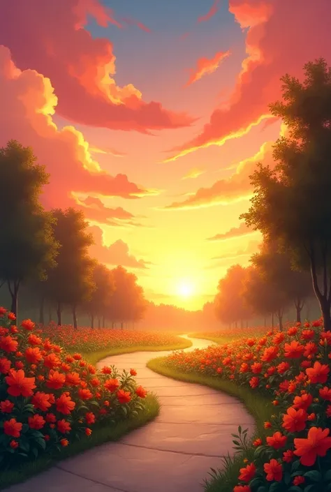 The caricature image is a digital illustration park far away. There is a pathway lined with red flowers and the sky is a beautiful orange and pink hue, indicating that it is either sunrise or sunset. The image has a dreamy and romantic feel to it, with a s...