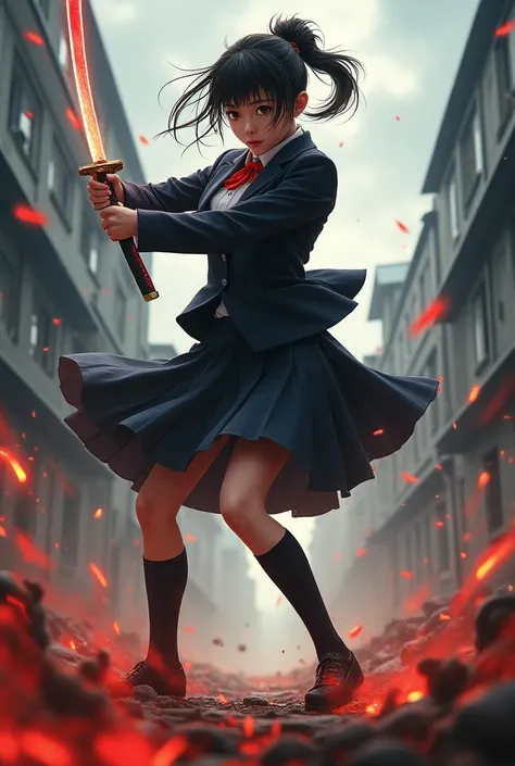 High school girl in uniform, wielding Katana, glowing light trails, fierce fighting, enemies lying dying,