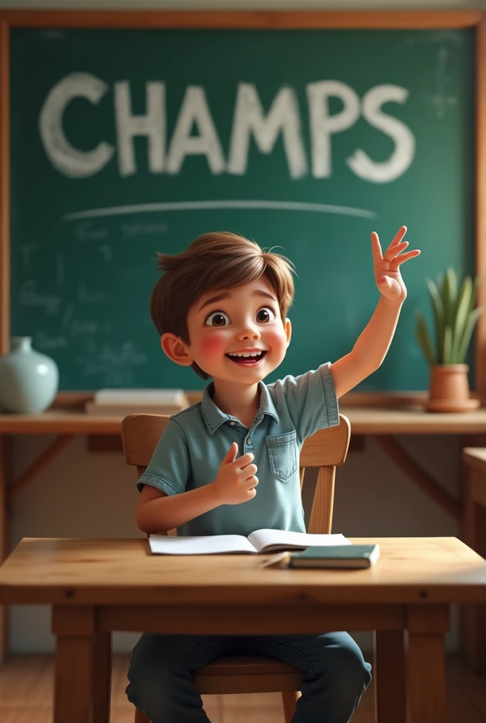 A boy was sitting on the chair with smile and teaching on board that "Champs"