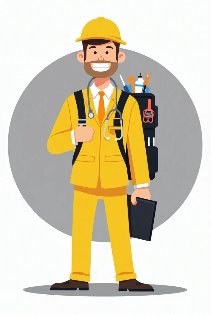  in his suit A man dressed as a yellow technician ,  the technician has a name  " doctor pc ",  he also has a backpack containing his tools , to fix computers such as isopropyl alcohol , Screwdrivers, etc.  He is holding a stethoscope with a computer in hi...