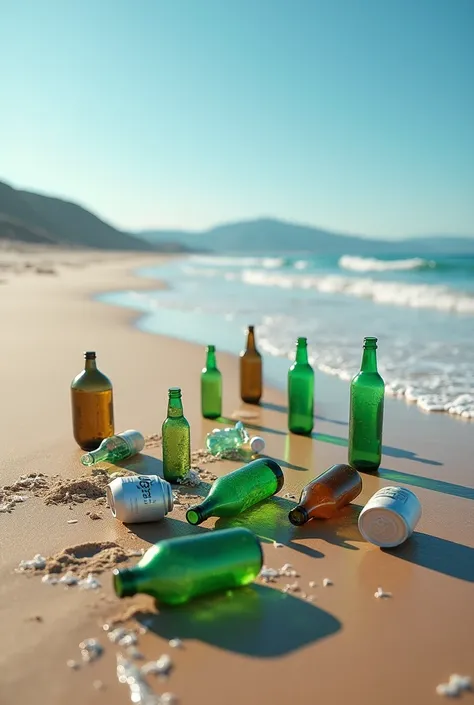  polluted beach with 6 glass bottles,  5 cans and 9 plastic bottles , Very clear  