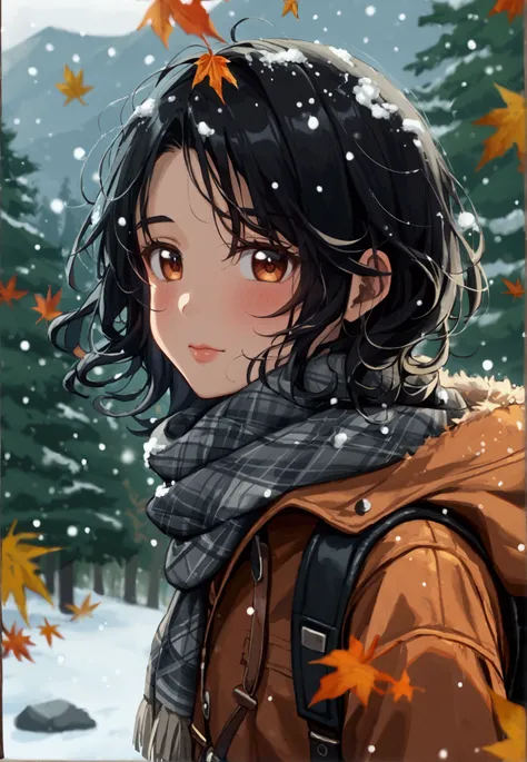 A town in the mountains 、 fallen leaves are piled up on the ground 、 Its Snowing 、２０Generation girl 、Black Hair、 medium hair、wearing hoods、 has a gray scarf around her neck 、 wears a reddish brown duffle coat、Cheeks are a little red、