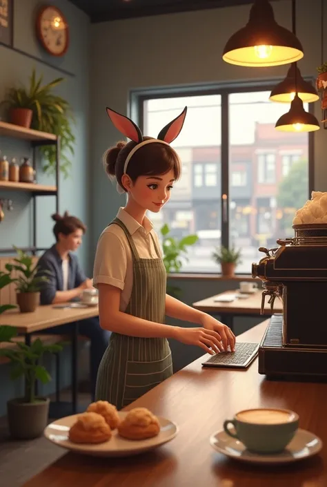 Create a person who is working in a rabbit-themed coffee shop,  that seems realistic 