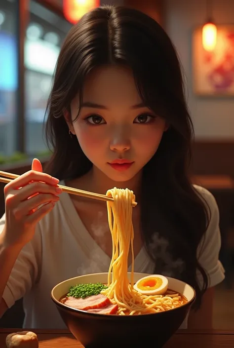 Beautiful Asian girl eating Raman noodles 