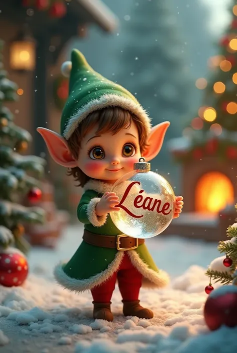 Little elf holding a Christmas ball with the name Léane on a Christmas background 