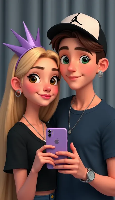 a couple posing for the selfie. The girl is holding the phone ,  she is on the right and he is on the left.   the girl has a black t-shirt with a triangular neckline and a silver necklace  , She has blonde hair , Smooth and long,  Her earrings are round ri...