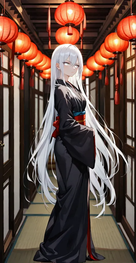 anime, young woman,  serious view , White eyes,  long white hair ,  Slim figure , dressed in a long black kimono ,  stands against the background of a corridor with three torches, sexy