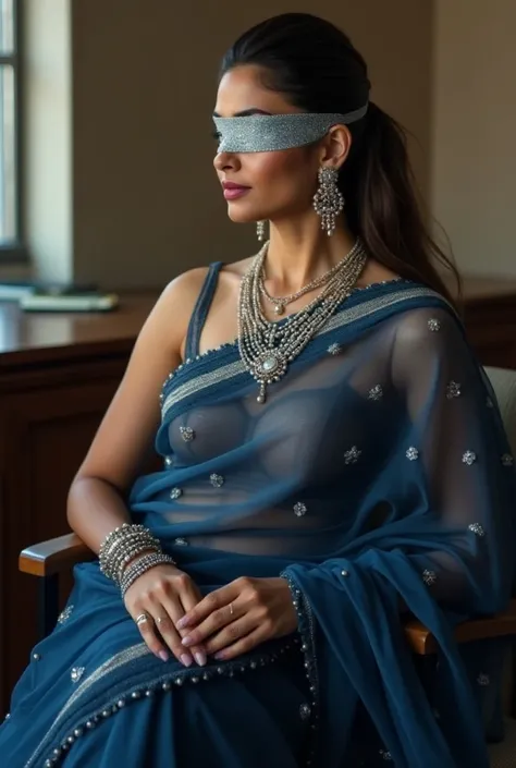 Actress Deepika padukone blindfolded Duct tape gagged in sexy translucent dark blue shimmering pearl beaded prom saree  silver Duct tape gagged full body blindfolded with dupatta full body in office meeting conference