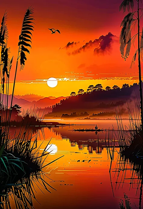 Sunset on the lake, impressionism, bright and vibrant colors, reflections, golden reed reflections, silhouettes of herons, dramatic contrast, misty atmosphere, distant hills, 19th century charm, sharp focus, gold leaf, emitting diodes, smoke, artillery, sp...