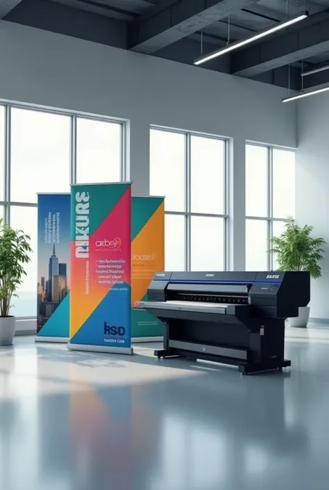 make a advertising poster about eco solvent printer machine with printing and four roll up banners in showroom
