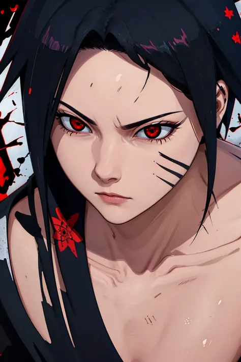 Mangekyo Sharingan, A hyper-realistic close-up of Sasuke Uchiha in Eternal Mangekyō Sharingan mode, with an intense, cold gaze. Eyes: One eye with the Eternal Mangekyō Sharingan (red and black pattern) and the other with the Rinnegan (purple rings), both g...