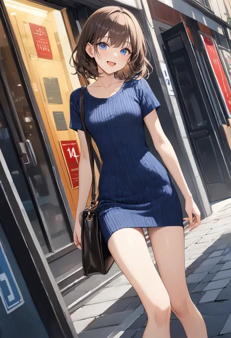 full body、masterpiece, Best Quality,  very detailed, Thin legs、beautiful details, Depth, Small breasts, fine texture,  fine skin, slender、Alone、Happy smile,  open your mouth 、 Deep Blue Eyes , Brown Hair、 medium hair、 navy blue, Short sleeve 、 knit dress，B...