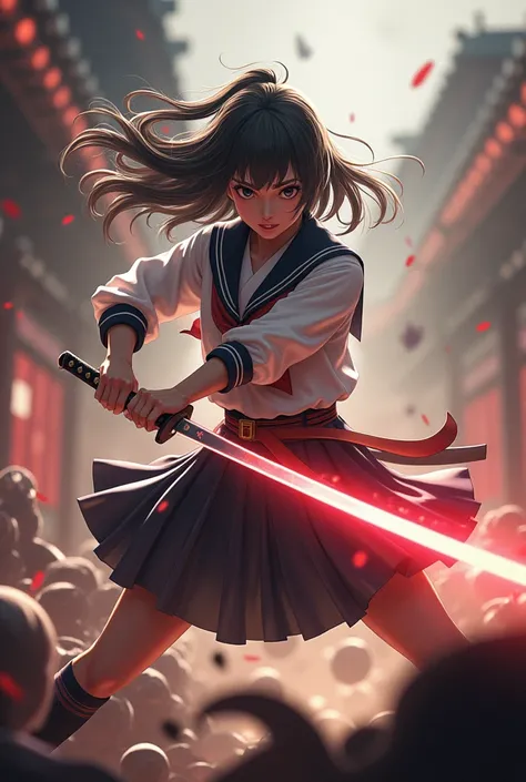 High school girl in uniform, wielding Katana, glowing light trails, fierce fighting, enemies lying dying around her,