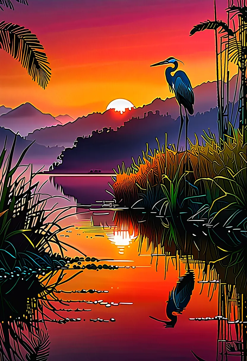 Sunset on the lake, impressionism, bright and vibrant colors, reflections, golden reed reflections, silhouettes of herons, dramatic contrast, misty atmosphere, distant hills, 19th century charm, sharp focus, gold leaf, emitting diodes, smoke, artillery, sp...