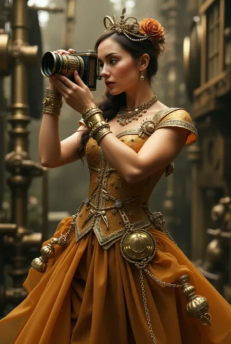 Woman in steampunk costume taking photo, wearing steampunk attire, steampunk fantasy style, (Steampunk), a steampunk beautiful goddess, steampunk beautiful woman, Steampunk Girl, Steampunk style, steampunk fantasy, Steampunk, steampunk inventor girl, golde...