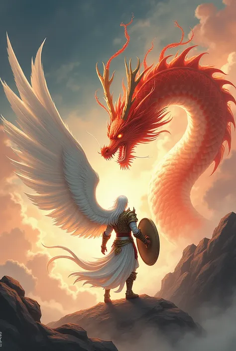 "An illustration in the style of traditional Chinese painting, depicting an anime-inspired scene of an angel battling a dragon. The dragon is an Eastern-style red dragon with long, sinuous features and is breathing flames, resembling the dragons from Spiri...