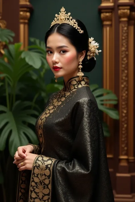 a malay bride wearing black songket and cucuk sanggul