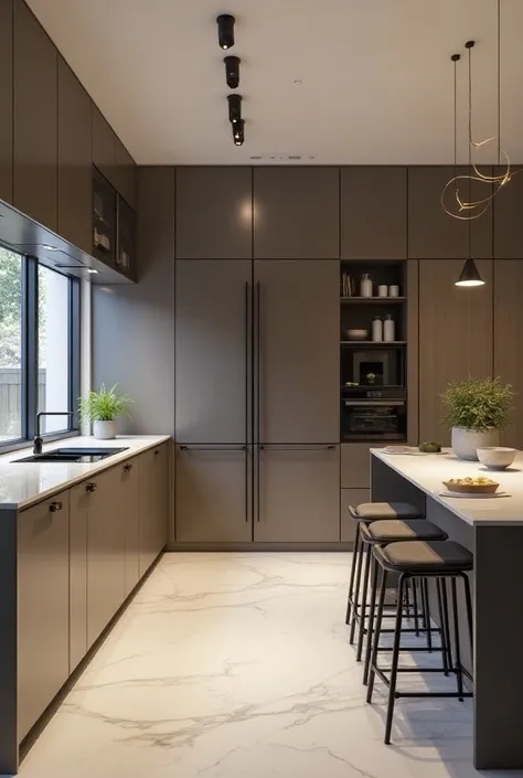 Create a super modern kitchen on 30 square meters with a large refrigerator and bar for 4 people 