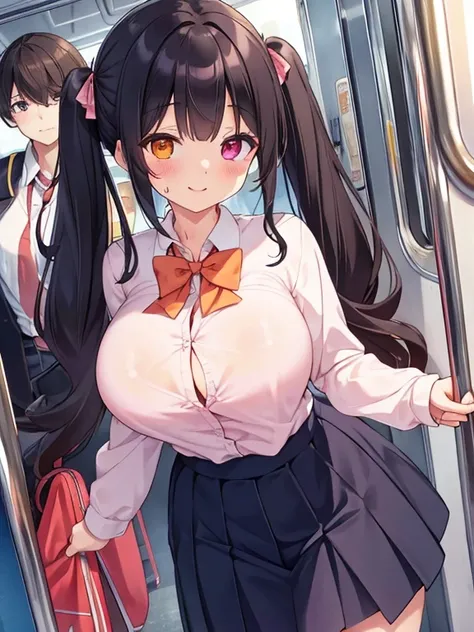 (ultra-detailed, master piece, best quality, high resolution, beautiful hair, beautiful eyes, expressive eyes, perfect face, perfect and correct human anatomy),
Train car crowded with men, morning, crowded school rush,
A girl with slightly curly hair, shor...