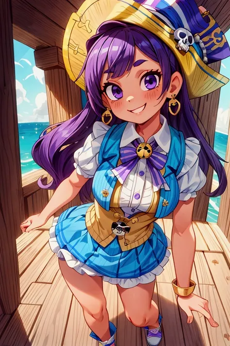 ( masterpiece ,  The best quality) Standing, interior,  intricate details , Sunlight,  dress with sky blue and white striped ruffles short collar,  pirate vest , pirate style, skull emblem ,  cute pirate hat, gold earrings, shoes blue , violet hair,  purpl...