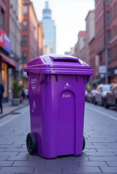 Create an image of a garbage bin on the street with a purple theme