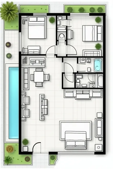 " Draw a floor plan of a modern house on a plot of 204 square meters.  The house must have :

 Two-car garage in the front ,  next to a small garden .
 Pool at the back of the plot .
Three bedrooms :  the first must be a master suite with private bathroom ...