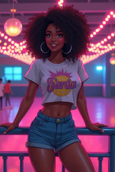 “Illustrate a Black woman at a 90s roller rink, wearing a fitted, cropped graphic tee and high-waisted mini shorts, with retro roller skates. She leans on the rink railing with a flirtatious smile, the colorful disco lights and mirror ball creating a playf...