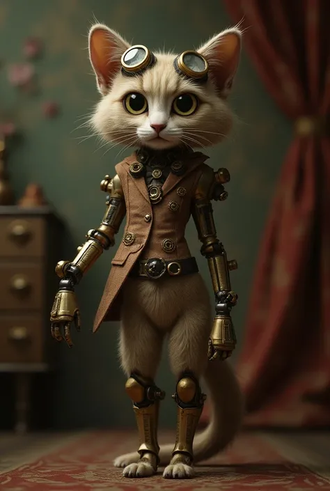 A steampunk-inspired cat-human with gears and goggles, a patchy fur coat, and a mechanical arm, dressed in vintage Victorian attire.